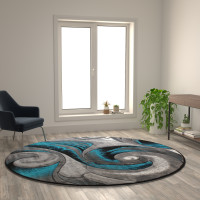 Flash Furniture ACD-RG410-88-TQ-GG Tellus Collection 8' x 8' Round Olefin Turquoise Ocean Waves Pattern Area Rug with Jute Backing - Entryway, Living Room, Bedroom